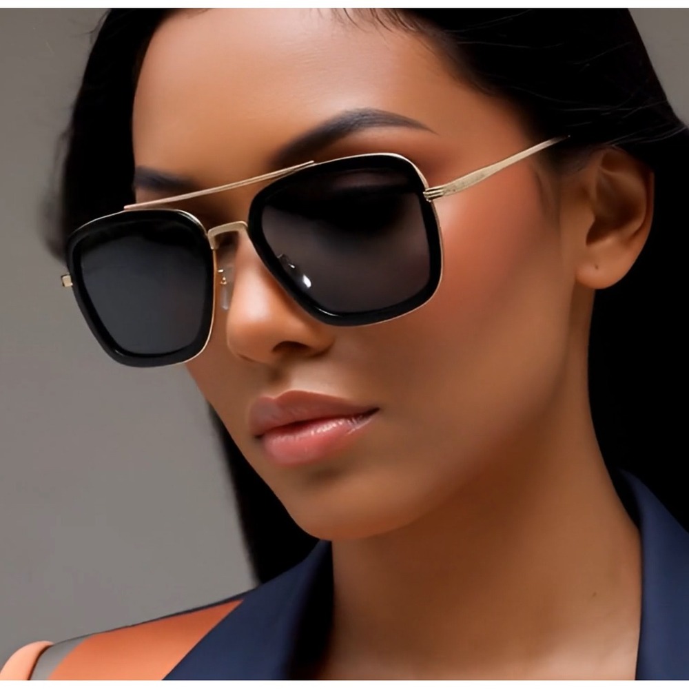 Square Sunglasses Black Gold Frame Stylish Fashion Eyewear Elegant Women Lentes - Picture 6 of 11